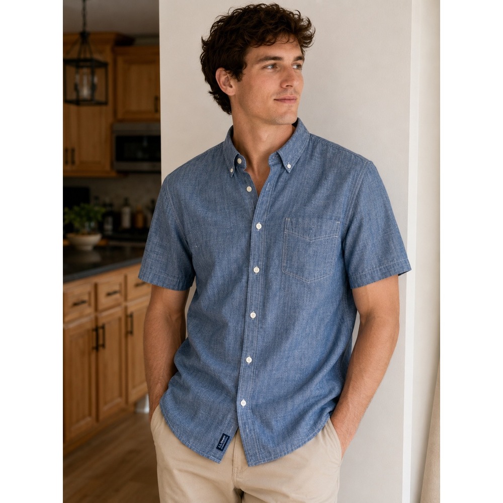 LL Bean Mens Comfort Stretch Chambray Shirt Indigo Blue‎ XL 522578 NWT